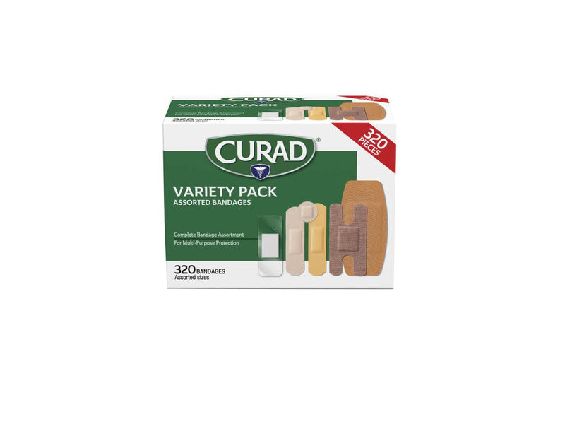 Curad Bulk Variety Pack Assorted Bandages, Flex-Fabric, Waterproof, Plastic, Knuckle, Heavy Duty Bandages (320 Count) 320 Count (Pack of 1)