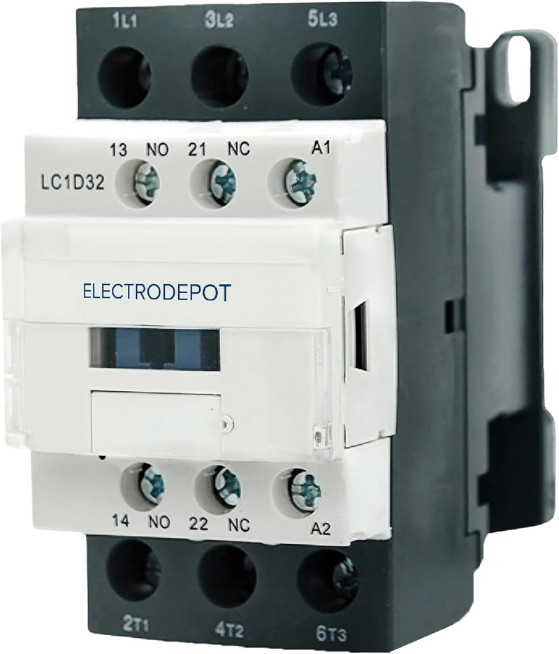 30A Electrodepot Contactor 3 Pole, 110/120V Coil, Motor Load 32A, Lighting 40A, 50A, 600V IEC DIN w 1NO and 1NC Aux Contact 1 Pack