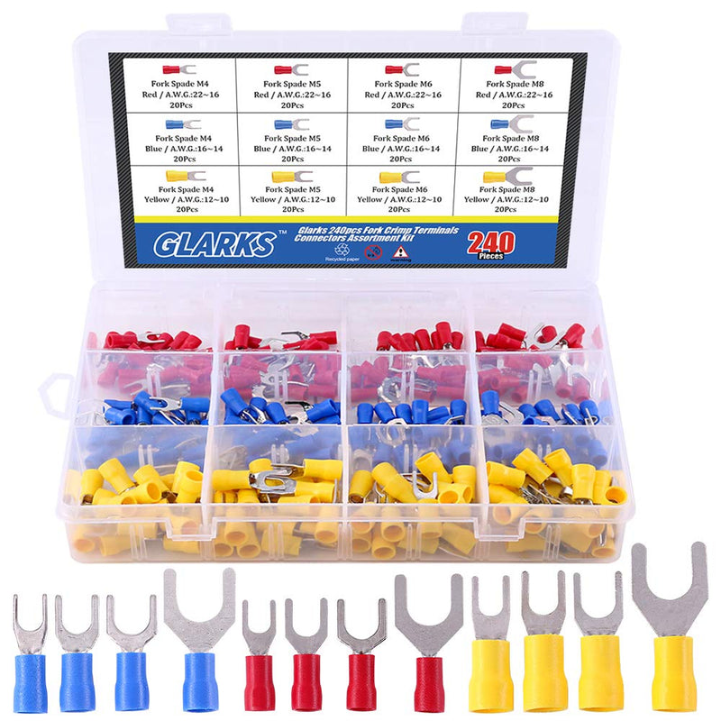 Glarks 240pcs 22-16/16-14/12-10 Gauge Fork Spade Quick Splice Crimp Terminals Connectors Assortment Kit