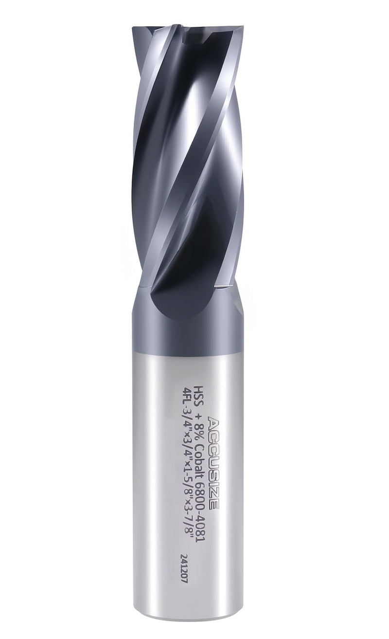 Accusize Industrial Tools 3/4'' by 3/4'' by 1-5/8'' by 3-7/8'' M42 (8% Cobalt) Tialn Finishing End Mill, C.N.C., Center Cutting, 6800-4081 | 3/4" Dia x 3/4" Shank, 1-5/8" Flute Length, 3-7/8" OAL, M42 8% Cobalt, TiAlN Coated, 4 Flute, Center Cutting 3/4"