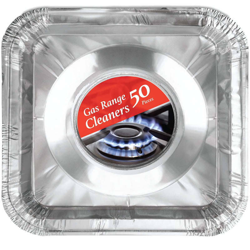 Disposable Gas Burner Liners 50 Pack, Aluminum Foil Square Stove Covers, Range Protectors, Stove Top Foil Covers for Gas Burners, Catch Food Spills, Aluminum Stove Burner Cover, Foil Liner 8.5x8.5 In