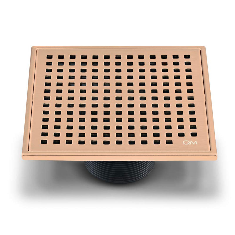 QM Square Shower Drain, Grate made of Stainless Steel Marine 316 and Base made of ABS, Lagos Series Mira Line, 5 inch 3/4, Bronze Finish, Kit includes Hair Trap/Strainer and Key 5 3/4 x 5 3/4