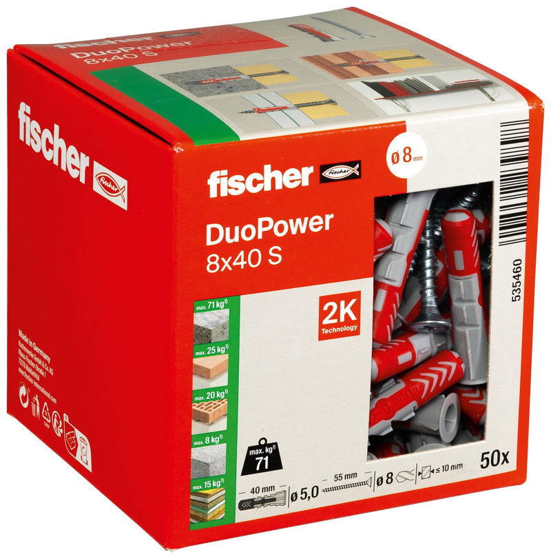 Fischer DuoPower 8 x 40 S, Powerful Universal Plug with Safety Screw, Intelligent 2-Component Technology for fastenings in Concrete, Bricks, Stone, Gypsum plasterboard, etc., 50 Plugs & 50 Screws 8 x 40 mm Countersunk