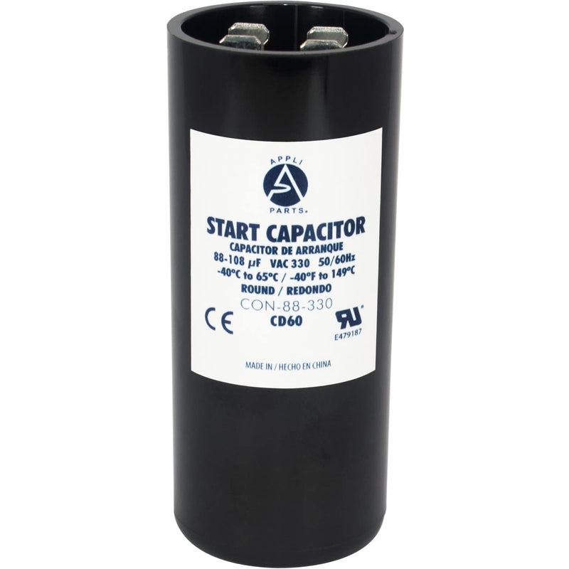 Appli Parts Motor Start Capacitor 88-108 Mfd (microfarads) uF 330 VAC Universal fit for Electric Motor Applications 1-7/16 in Wide 3-3/8 in Height CON-88-330