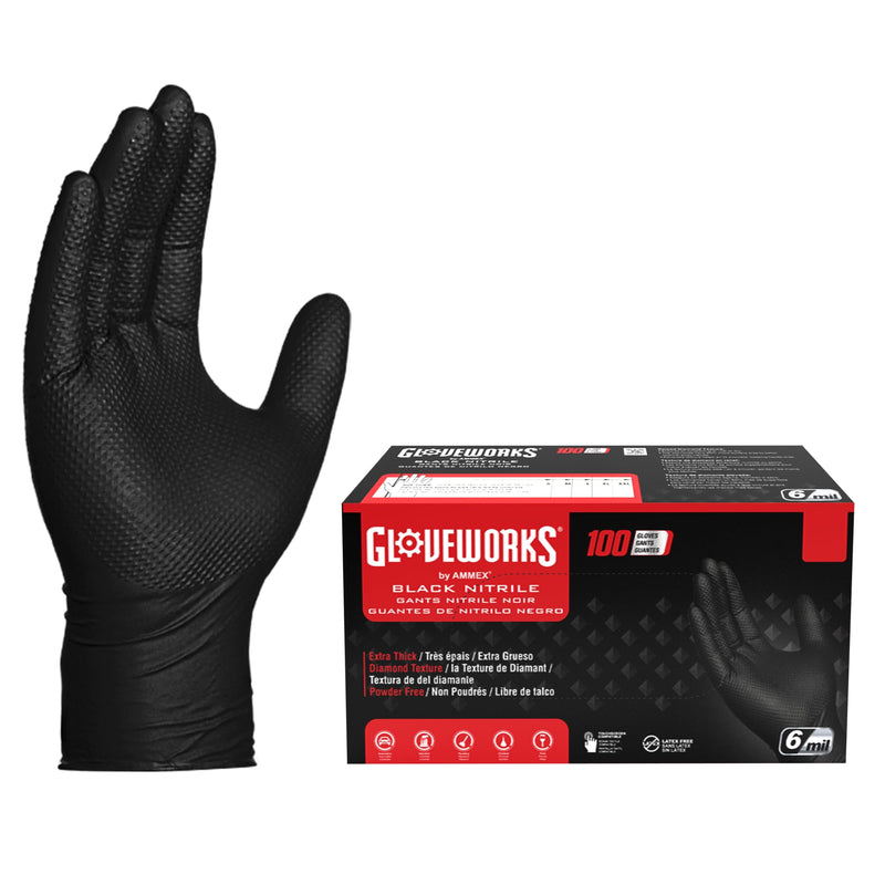 GLOVEWORKS HD Black Nitrile Gloves, 6 mil Nitrile Disposable Gloves, Latex Free Gloves Mechanics Gloves Large (Pack of 100) Box of 100