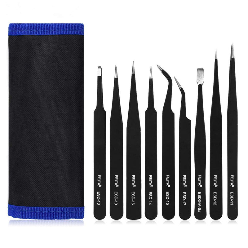 Precision Tweezer Set - FEITA Professional ESD Stainless Steel Anti static Tweezers Kit for Electronic, craft, Jewelry, Watchmakers, Hobby (Black 9 Pcs) Black Tweezers - 9pcs