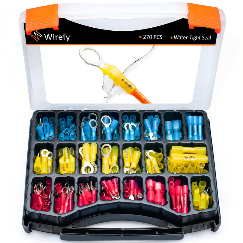 Wirefy Heat Shrink Wire Connectors Kit - a Resistant Electrical Connectors - Automotive Butt Connectors - Insulated Ring, Spade, Fork, Hook Crimp Terminals - 22-10 Gauge - 270 PCS 270 pieces kit