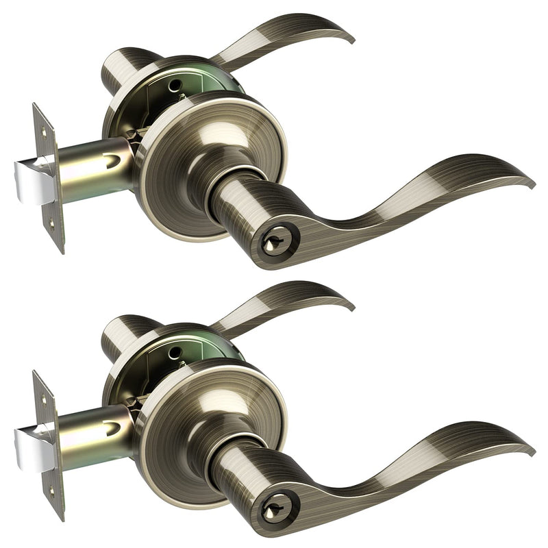 Door Handle with Lock, Ohuhu Bronze Door Knobs Interior Exterior Door Lock Lever with Key Antique Brass for Bedroom Bathroom Privacy not Keyed Alike Wave Style Entry locksets Zinc Alloy 2 Pack