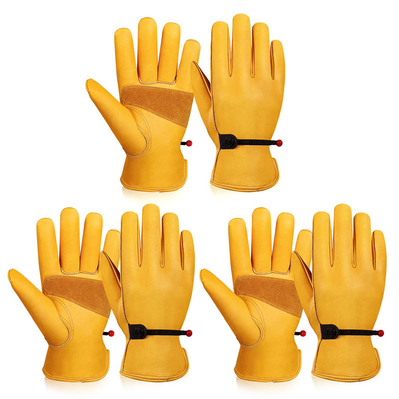 OZERO Leather Work Gloves for Men, 3 Pairs Full Grain Cowhide Garden Gloves, ANSI/ISEA 105 Tested, Puncture Level 4, Abrasion Level 3, Adjustable Wrist for Yard Work & Gardening (Gold Medium) Medium (3 Pair)