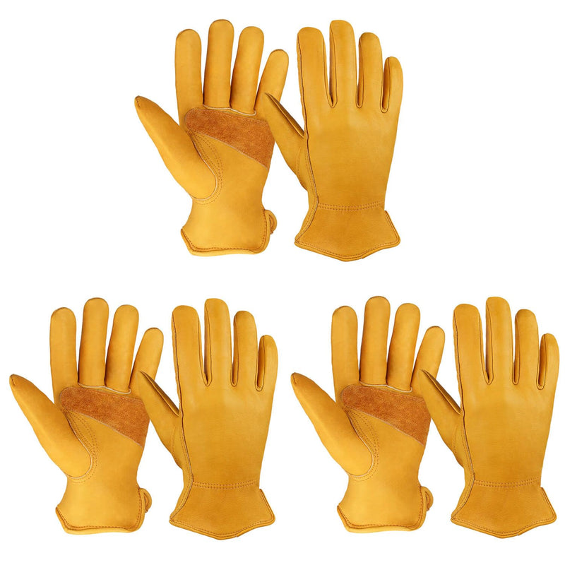 OZERO Leather Work Gloves for Men, Cowhide Gardening Gloves with Reinforced Palm, Flexible Keystone Thumb, Elastic Wrist Gold(3 Pairs) Medium (Pack of 3)