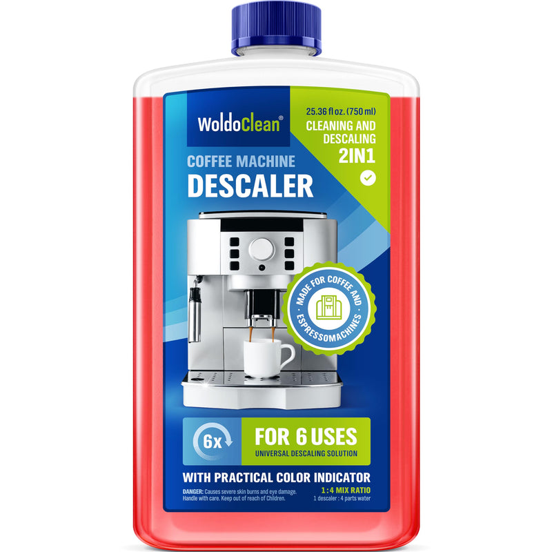 WoldoClean Descaling Solution for Coffee & Espresso Machines 25.6 Fl Oz - compatible with Keurig, Nespresso, Breville, Ninja, Nespresso, Delonghi, Reusable Formula with Color Indicator