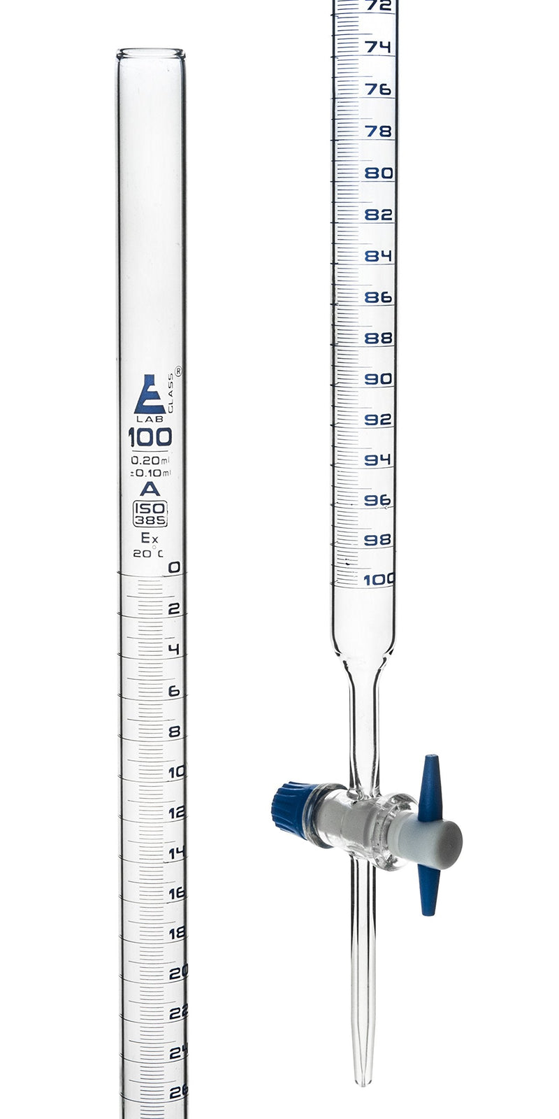 Eisco Labs Burettes - PTFE Key Stopcock, Class 'A', Capacity 100ml - 0.20ml Blue Grad- Tolerance ± 0.10ml