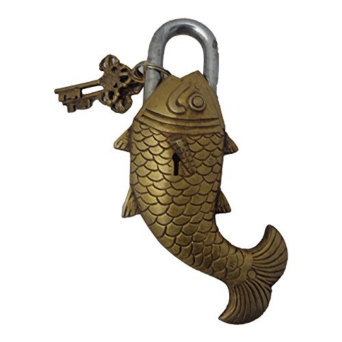 Purpledip Fish Shaped Antique Handcrafted Brass Padlock for Security,Big Sized (10277)