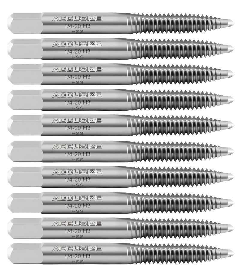 Accusize Spiral Point Tap 1/4-20NC H3 HSS 2-Flute, 10 Pc Set | ANSI Ground Plug Tap, Right-Hand Cut, Bright Finish, 2-1/2 in OAL, 1 in Thread Length, SPT-1/4-20x10