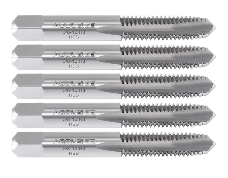 Accusize Industrial Tools Spiral Point Tap, 3/8-16NC, SPT-3/8-16x5 | 5 Pcs HSS, ANSI Standard, Fully Ground, 3 Flute, Plug Style