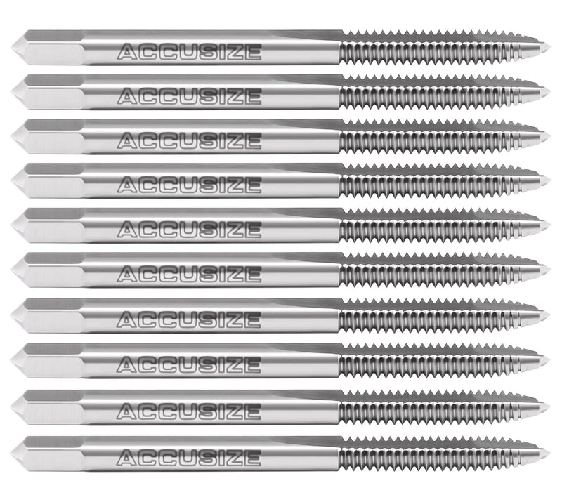 Accusize Industrial Tools 10 Pc 6-32Nc, 2 Flute, H.S.S. Spiral Point Taps, A.N.S.I. Standard, Ground, Spt-6-32x10 | ANSI Ground Plug Tap, Right-Hand Cut, Bright Finish, 2 in OAL, 11/16 in Thread Length, SPT-6-32x10