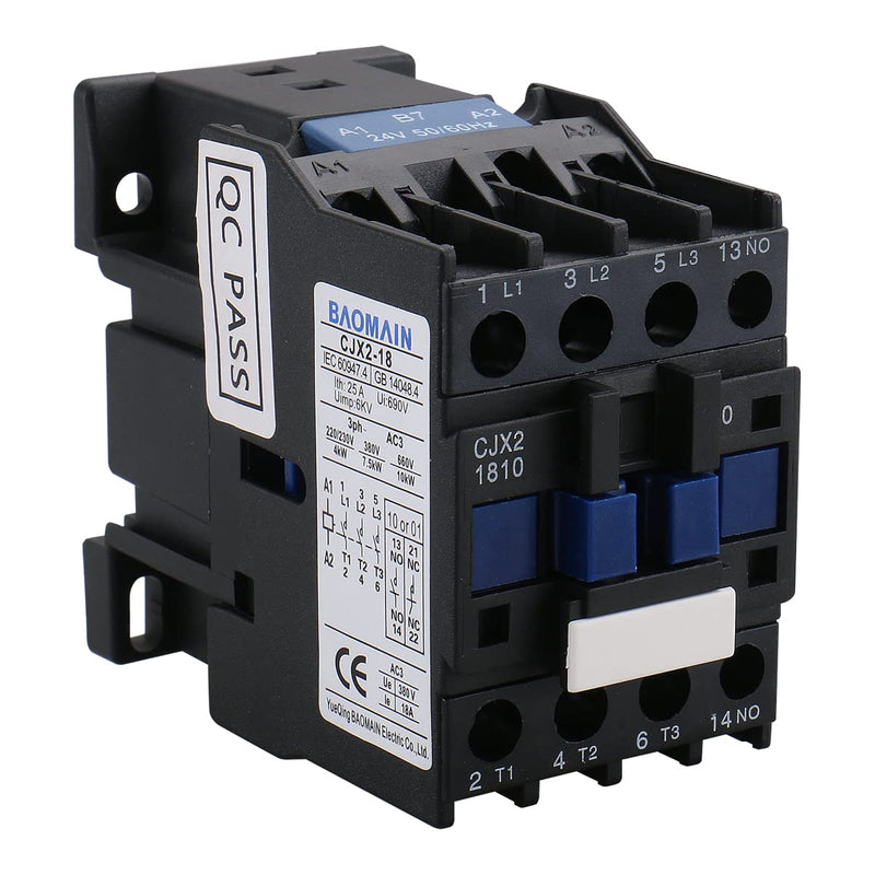 Baomain 3-Pole AC Contactor CJX2-1810 – 24VAC Coil, 3NO+1NO Auxiliary, 660V 3-Phase, DIN Rail Mount,for Motor Starters, Pumps, and Industrial Control Panels 1 AC 24V