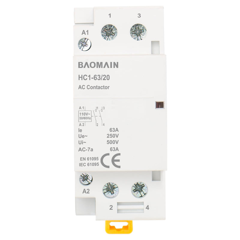 Baomain 110V AC 2-Pole Modular Contactor, 63A 2NO Normally Open, DIN Rail Mount for HVAC, Motor, Pump & Lighting Control BCT-63/20, HC1-63/20-110VAC 63 Amp. 110 VAC(HC1)