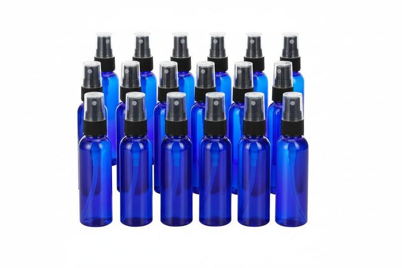 JUVITUS (24 Pack) 2 oz Plastic Cobalt Blue Boston Round Bottles with Black Fine Mist Spray + Labels