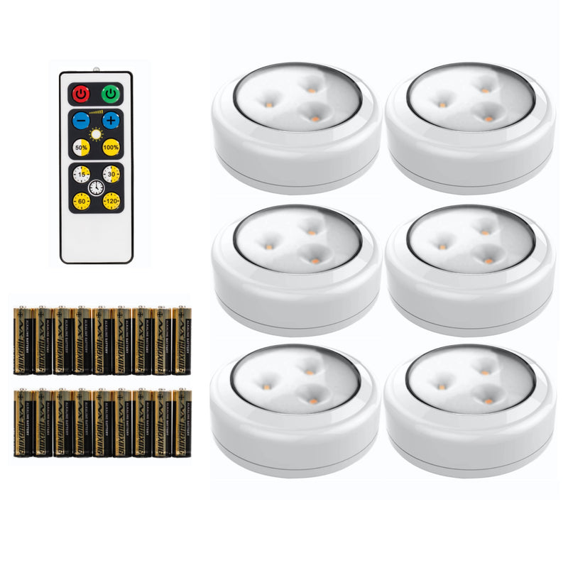 Brilliant Evolution LED Puck Light | Wireless LED Under Cabinet Lighting | Under Counter Lights for Kitchen | Battery Operated Lights | Under Cabinet Light (6 pack with batteries (White))