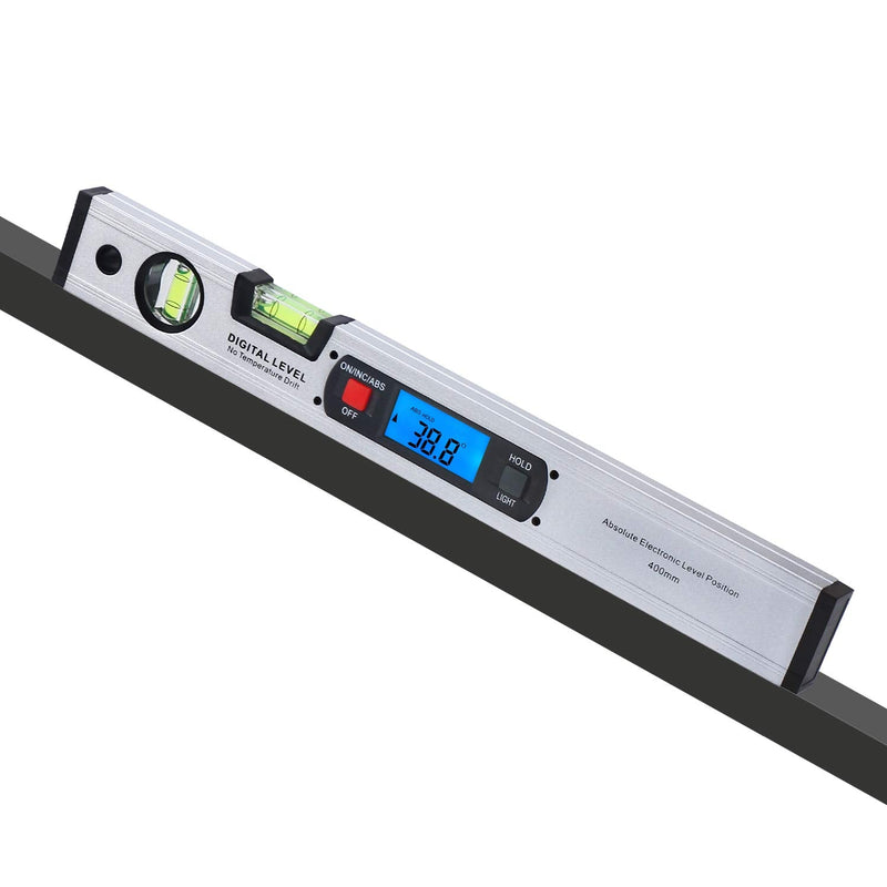 16-inch Digital Spirit Level and Protractor, Torpedo Level, Inclinometer Angle Gauge Finder Bubbles Magnetic Base with Backlight Silver