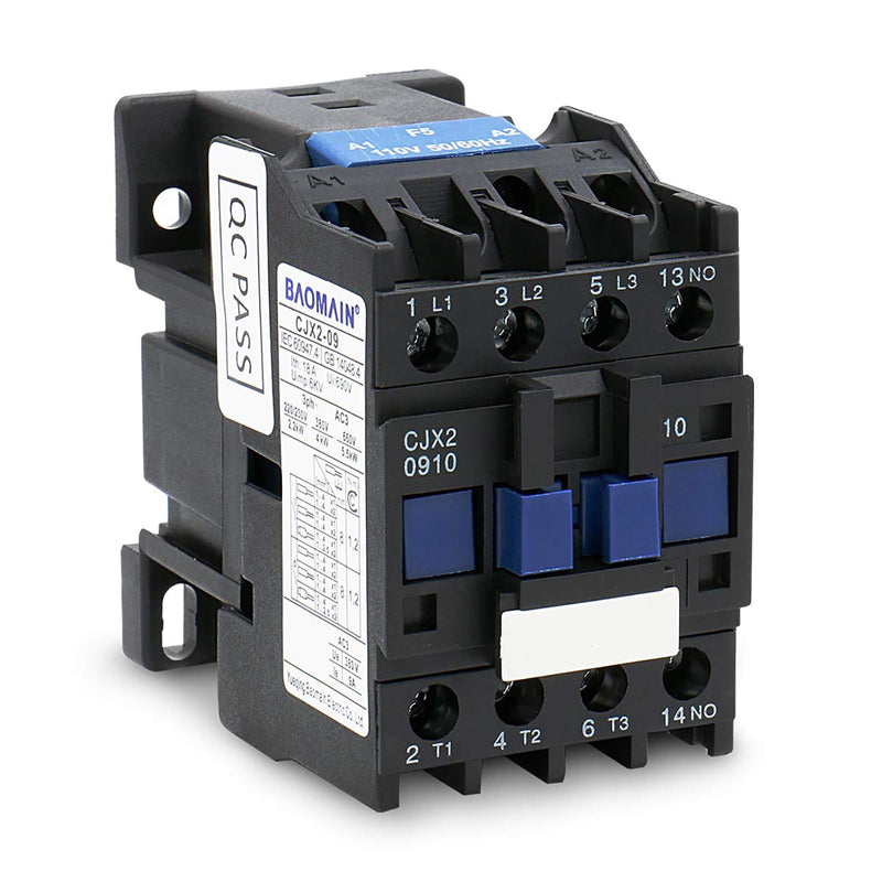 Baomain 3-Pole AC Contactor CJX2-0910 – 110VAC Coil, 3NO+1NO Auxiliary, 660V 3-Phase, DIN Rail Mount,for Motor Starters, Pumps, and Industrial Control Panels 1 AC 110V