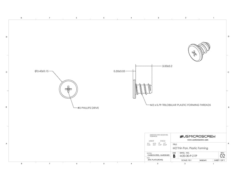 M2 X 3mm Plastic Thread Forming Screw Zinc Plated Steel Thin Pan Head Phillips Drive (100 Pcs) - M20-30-P-Z-TP