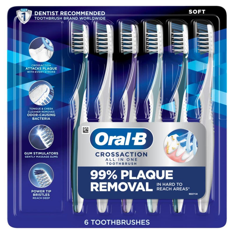 Oral-B Pro Health CrossAction All in One Soft Toothbrushes, Deep Plaque Fighter, Rounded Bristles Gentle on Teeth, Tongue and Cheek Cleaner, Gum Stimulators, 6 Count, Tooth Brush Pack Toothbrush (Pack of 6)
