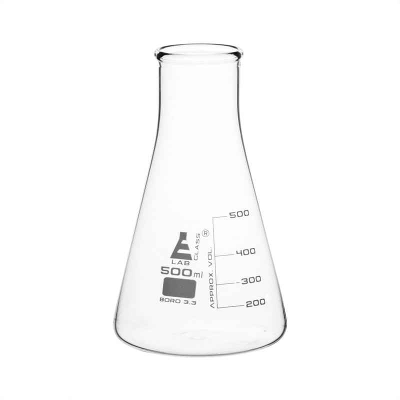 EISCO Erlenmeyer Flask, 500ml - Borosilicate Glass - Wide Neck, Conical Shape - White Graduations