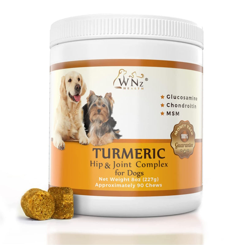Turmeric Hip and Joint Chews for Dogs, Dog Chews for Mobility Support, Cartilage Health & Dog Joint Pain Relief, Anti-Inflammatory MSM, Glucosamine and Chondroitin for Dogs, 90 Chews, 8 Oz - PawsPlanet Australia