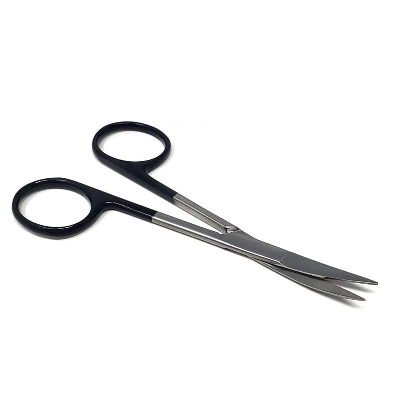 Premium Iris Supercut Micro Dissecting Scissors Curved 4.5" with One Serrated Blade (HTI Brand) Black Handle