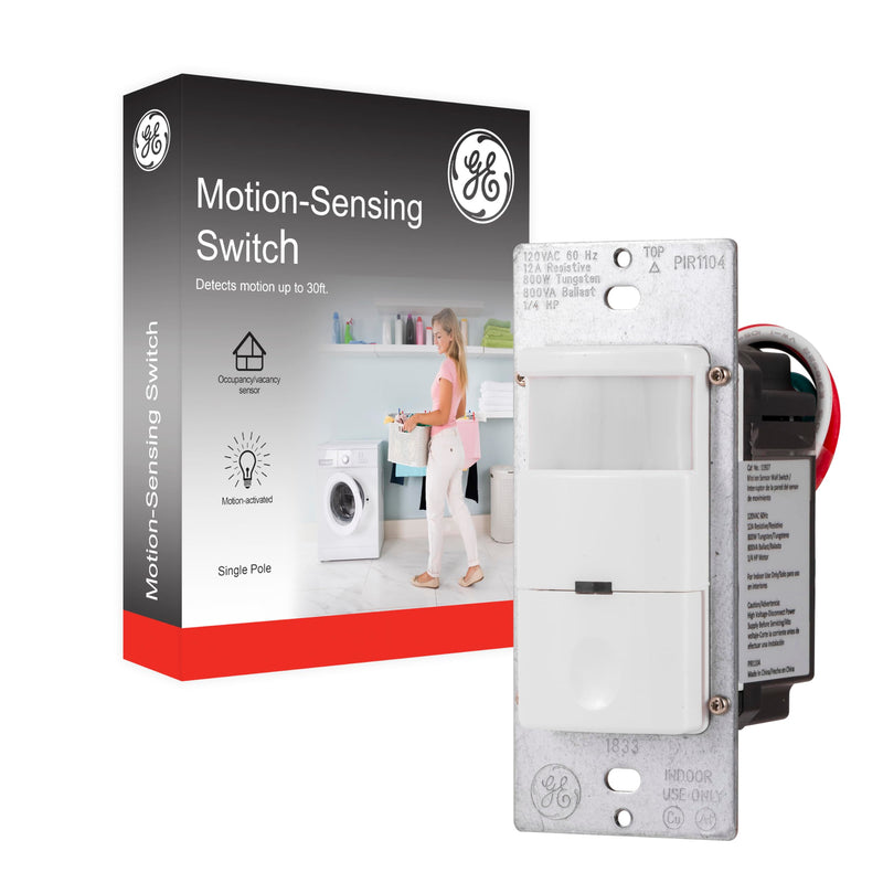 GE in-Wall Motion Sensor Light Switch, Motion Sensor Light Indoor Switch, Occupancy & Vacancy Options, Single Pole, 150 Degree 30ft Detection Zone, Custom Timer, 11927 Motion Sensing