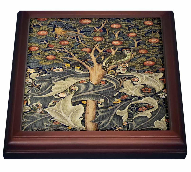 3dRose Image of William Morris Woodpecker In Gray Orange & Ivory Trivet with Ceramic Tile, 8 x 8", Natural