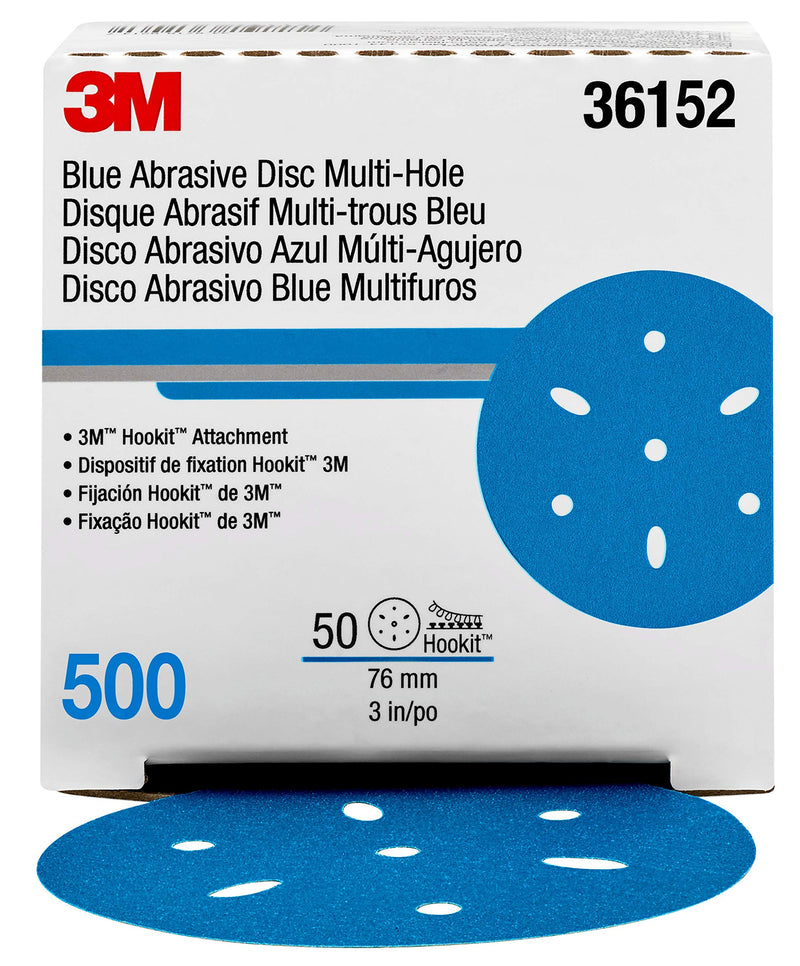 3M Hookit Blue Abrasive Disc 321U Multi-Hole, 36152, 3 in, 500, Pack of 50, Virtually Dust-Free, for Body Repair, Featheredging, Primer Sanding, Paint Preparation, E-Coat Sanding, Automotive