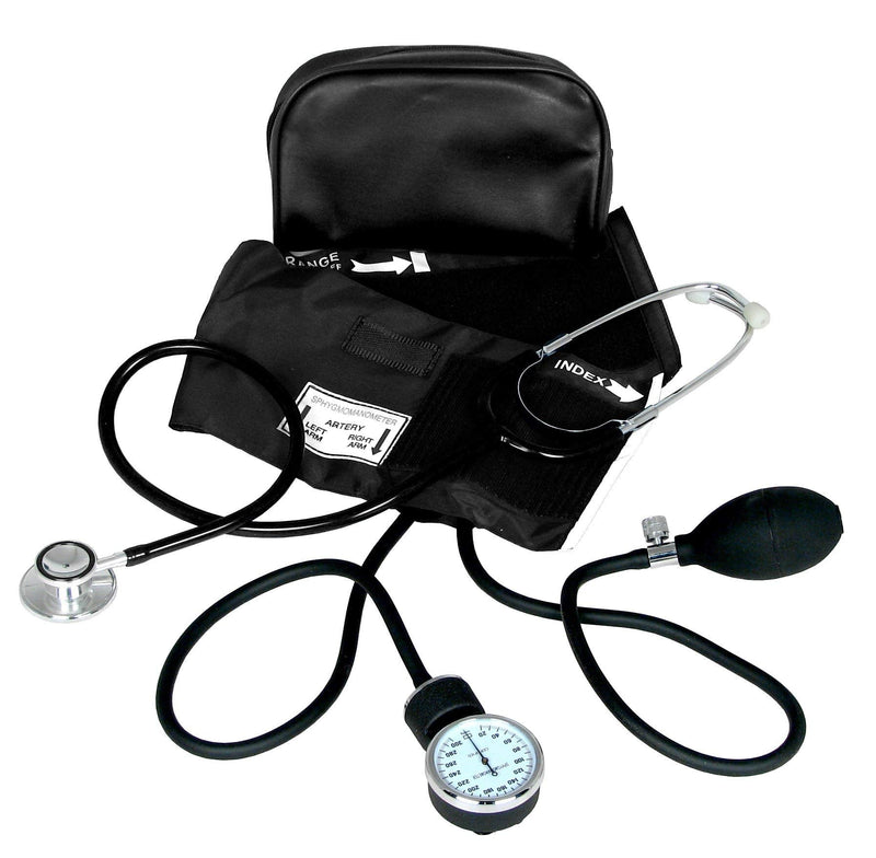 Dixie EMS Aneroid Sphygmomanometer and Dual Head Stethoscope Set with Adult Size Blood Pressure Cuff, Calibration Key and Carrying Case – Black