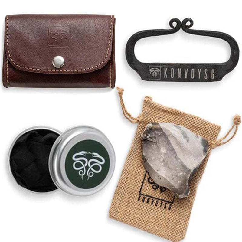 The Artisan Heritage Fire Kit – Hand-Forged Carbon Steel & English Flint in a Premium Top-Grain Leather Pouch COGNAC