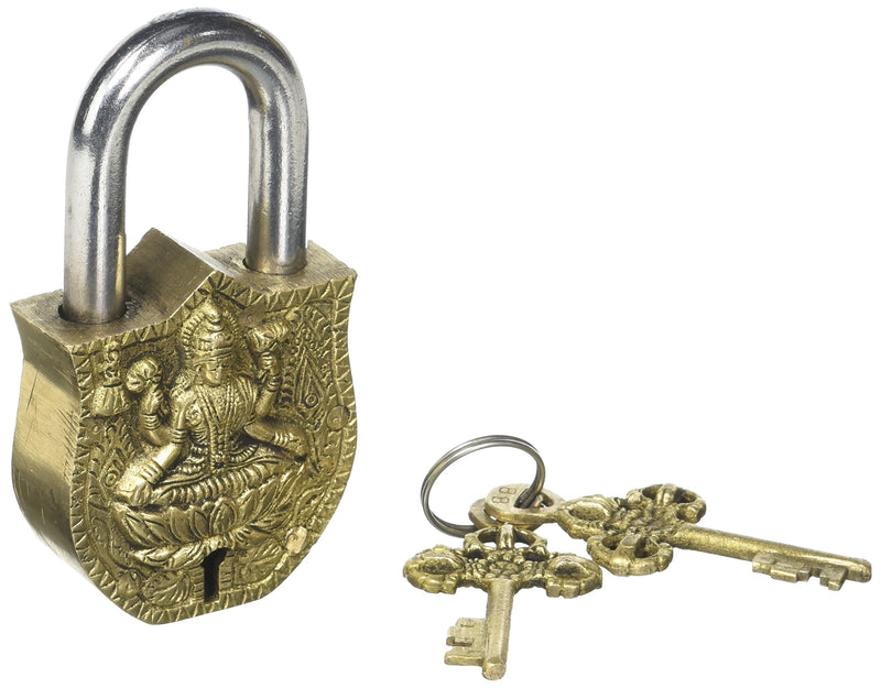 Purpledip Handmade Brass Antique Pad Lock with Maa Laxmi Idol,Medium (10465)