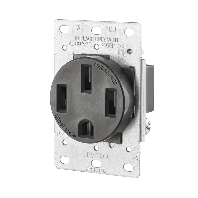 Leviton 279-S00 50 Amp, 125/250V, Nema 14-50R, 3P, 4W, Flush Mounting Receptacle, Straight Blade, Industrial Grade, Grounding, Side Wired, steel Strap, Black