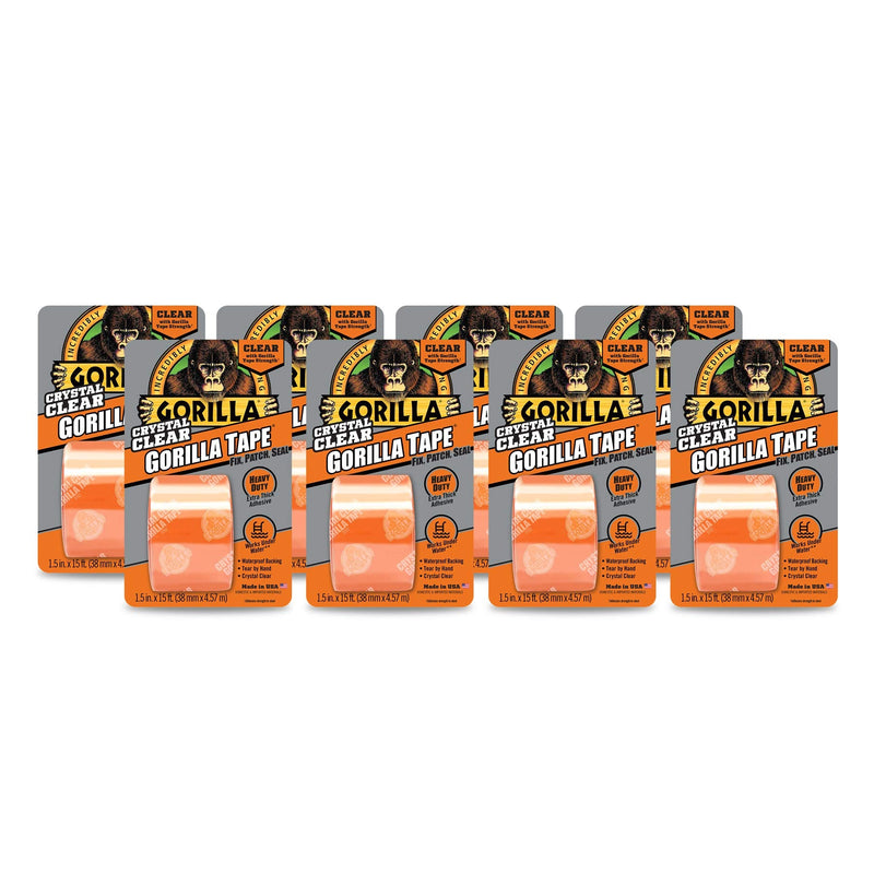 Gorilla Crystal Clear Duct Tape, 1.88" x 5 yd, Clear, (Pack of 8) 1.88" x 180"