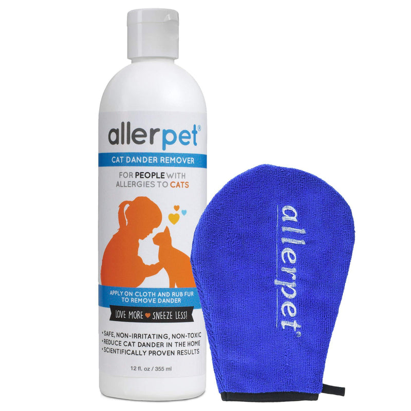 Allerpet Cat Dander Remover - 100% Non Toxic Pet Allergen Reducer - Scientifically Proven for Effective Cat Allergy Relief - Proudly USA Made (12oz) Single w/ Applicator Mitt - PawsPlanet Australia