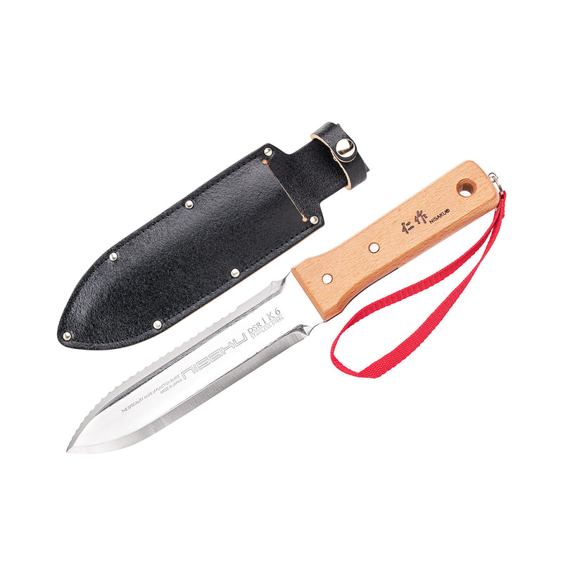 NJP651 Hori Weeding & Digging Knife-Hardened HRC58 Edition, Authentic Tomita (Est. 1960) Japanese Stainless Steel, 7.25" Blade, Wood Handle, w/Premium Leather Sheath