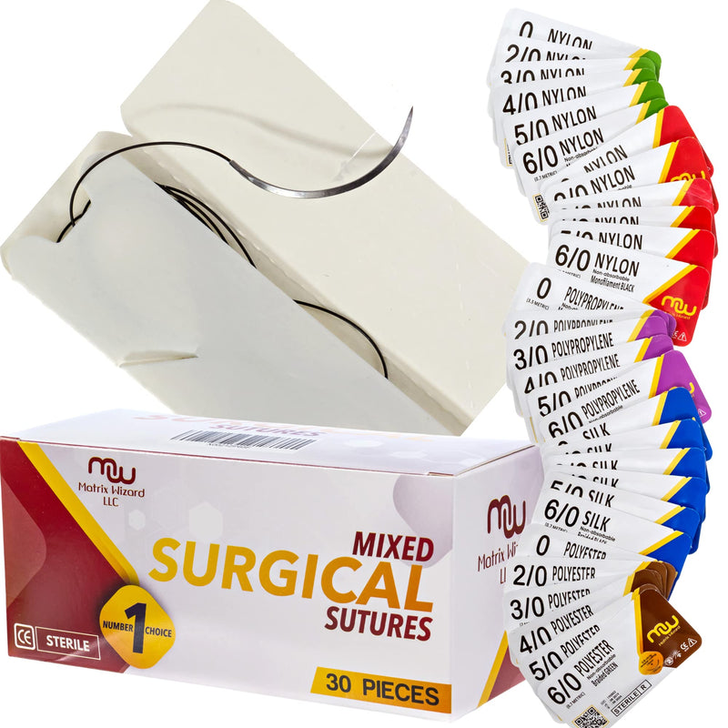 Suture Thread with Needle 30Pk (Mixed 0, 2-0, 3-0, 4-0, 5-0, 6-0) - Practice Suturing; Camping Survival Demo, Military Tactical Drill, Hospital Clinic Rotation, First Aid Travel Safety, Veterinary Use