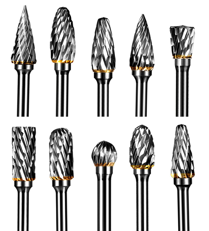 10 Pieces Tungsten Carbide Double Cut Rotary Burr Set with 3 mm (1/8 Inch) Shank and 6 mm (1/4 Inch) Head Size