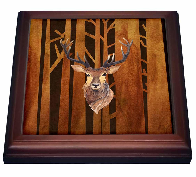 3dRose trv_252339_1 "Deer Antler Animal Animals Wild Forest Tree Nature Wood Illustration" Trivet With Tile, 8" x 8"