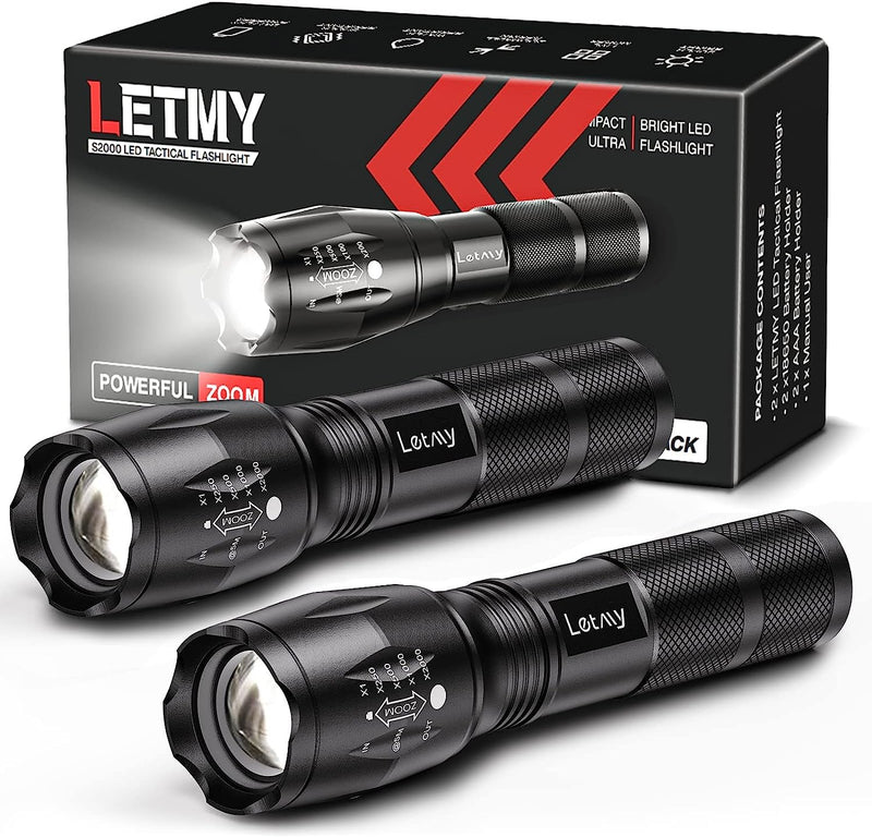LETMY Tactical Flashlight S2000-2 Pack Bright Military Grade LED Flashlights High Lumens - Portable Handheld Flash Light, 5 Modes Zoomable Waterproof Flashlights for Home Emergency Camping Outdoor Black 2 PACK