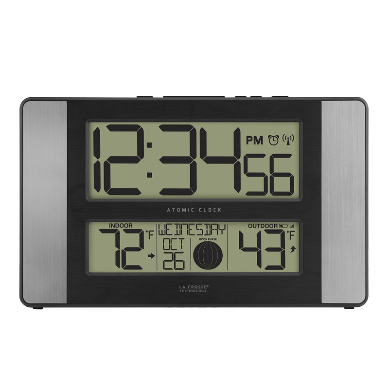 La Crosse Technology 513-1417AL-INT Atomic Clock w Outdoor Temp, Grey/Black Modern 6.75-inch x 11.1-inch x 1.14-inch Silver
