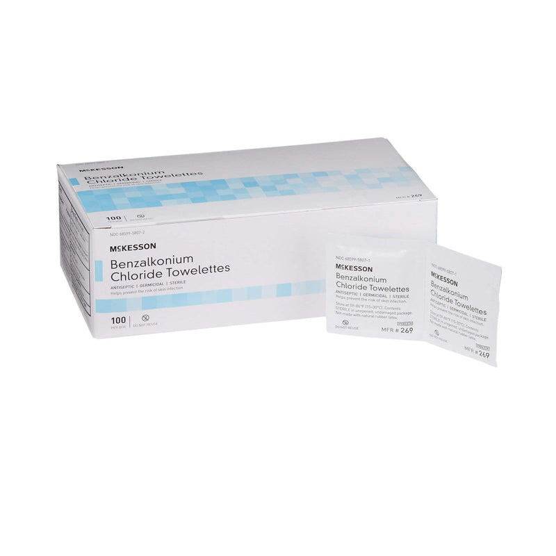 McKesson Benzalkonium Chloride Towelettes [Pack of 100] First Aid Antiseptic Wipes, Sterile Individual Wrapped