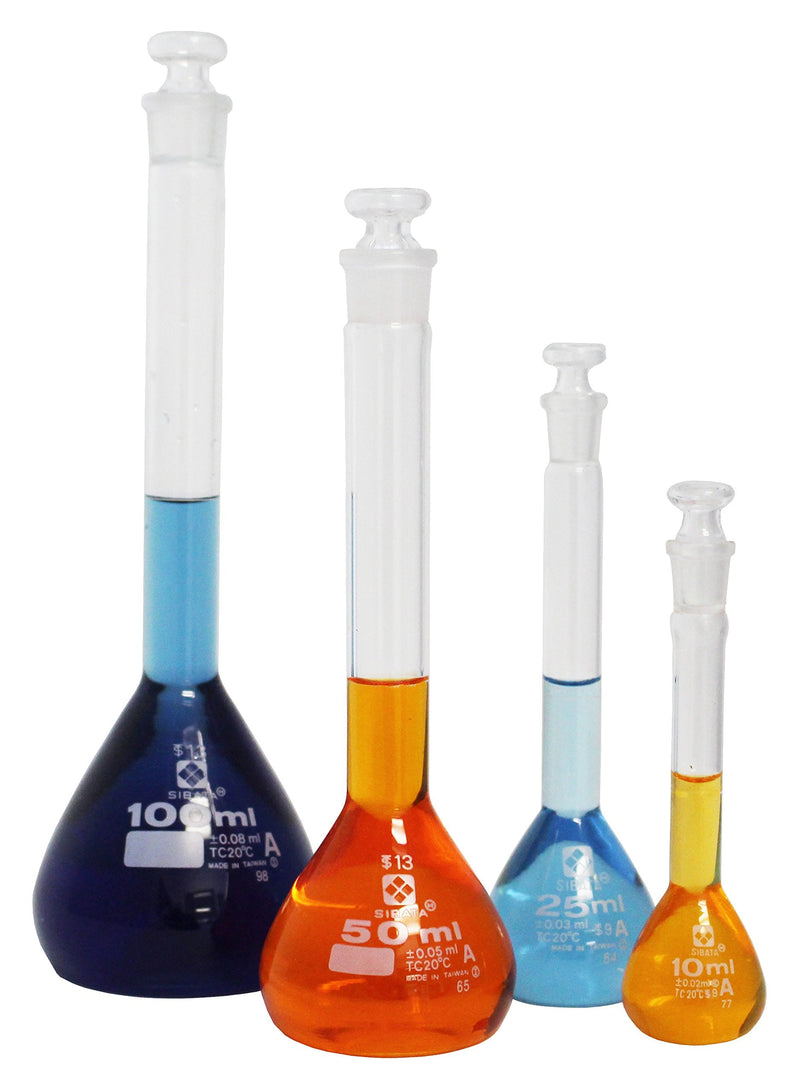 Vee Gee Scientific 202GK-004 Class A Volumetric Flask Glassware Kit in 4 Capacity Sizes (Pack of 4)