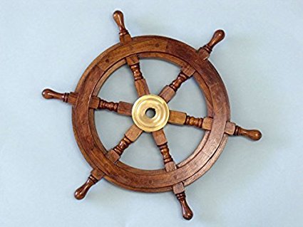 Captain’s Wooden Ship Wheel 12” – Handcrafted Wheel with Brass Ring & Hub, Nautical Wall Décor,Pirate and Beach-Themed Home or Office