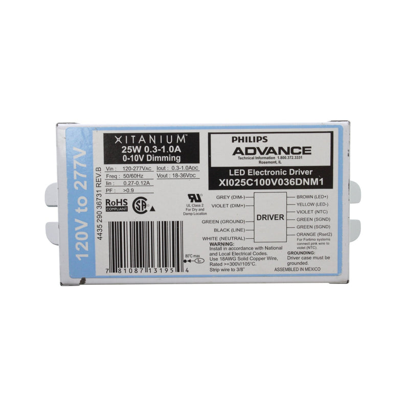 Advance X1025C100V036DNM1 Xitanium LED Dimming Driver, 18-36VDC, 25W, 0-10V